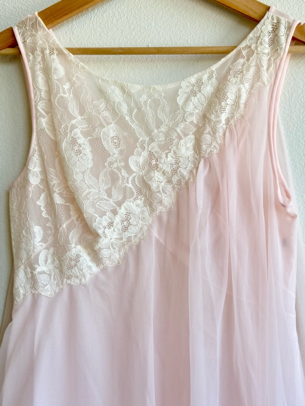 Vintage Long Slip Dress Lace Medium Pastel Pink Semi Sheer USA Made
